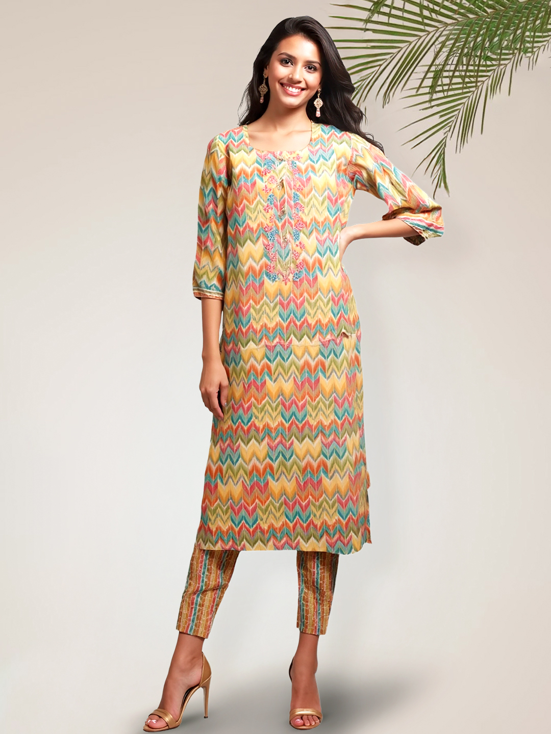 Picture of Vibrant Zigzag Printed Embroidered Neck Straight Kurta with Pant Set